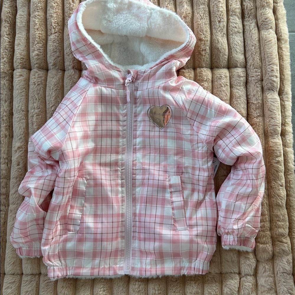 Emma & Elsa Pink White Plaid Hooded Reversible Jacket Sz 5 (girls)